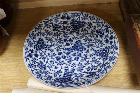 A Chinese blue and white dish, Kangxi period, diameter 38cm